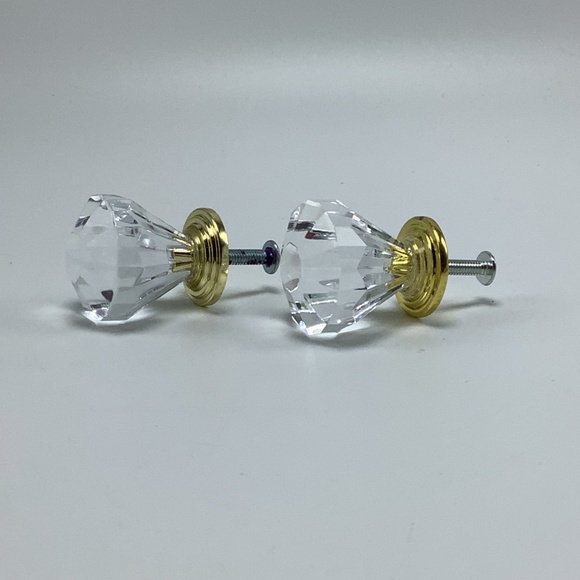 2 Diamond Shaped Clear Crystal Glass w/ Gold‎ Backplate Drawer Knobs - Picture 1 of 6